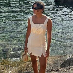 Tach NWT Cream Ivory Linen Blend Flower Rosette Square Neck Marina Mini Dress XS